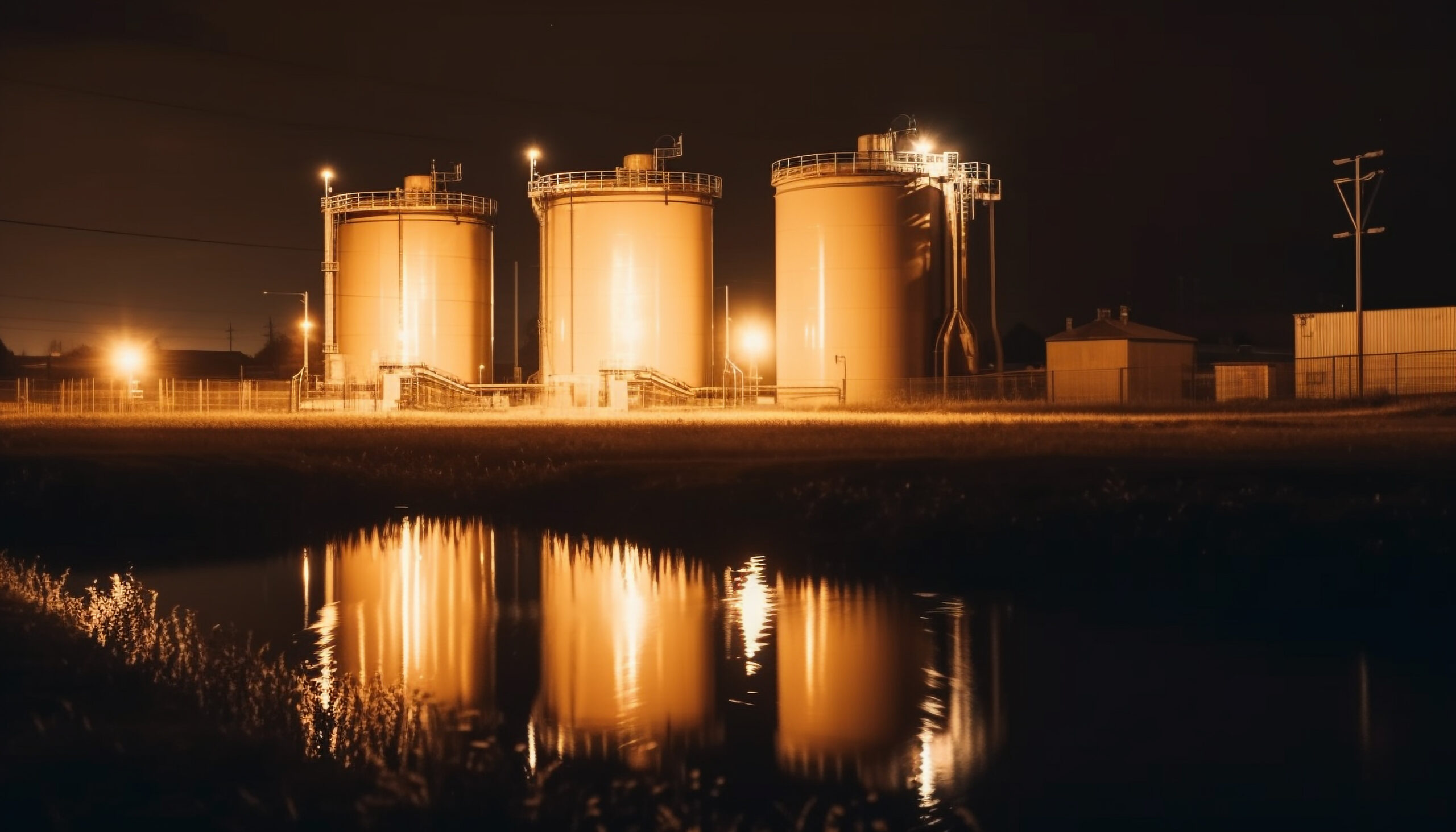 Silhouette of factory steel tubing against dusk reflection generated by artificial intelligence